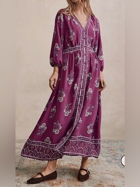 Loft Floral Puff Sleeve Button Midi Dress